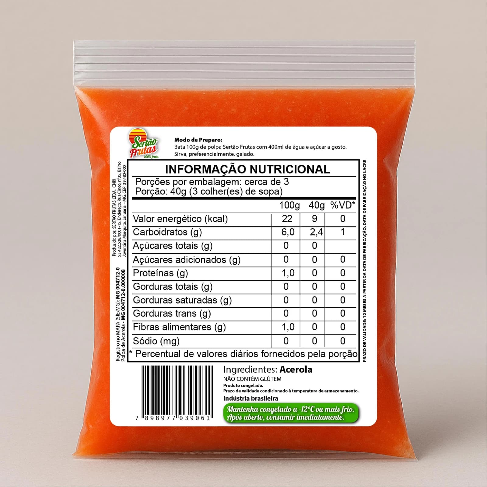 Tabela nutricional da polpa de Acerola Sertão Frutas, 100g — verso