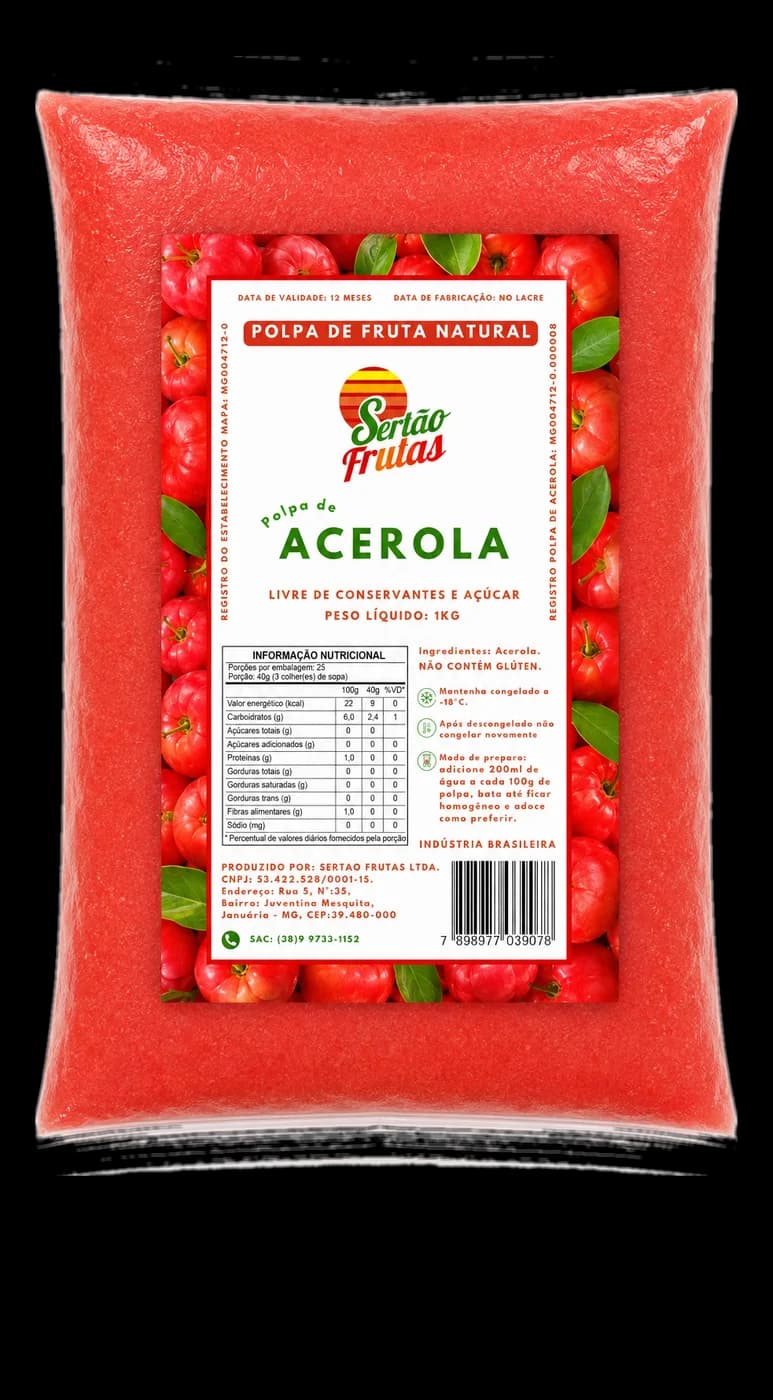 Embalagem da polpa de Acerola Sertão Frutas, 1kg — frente